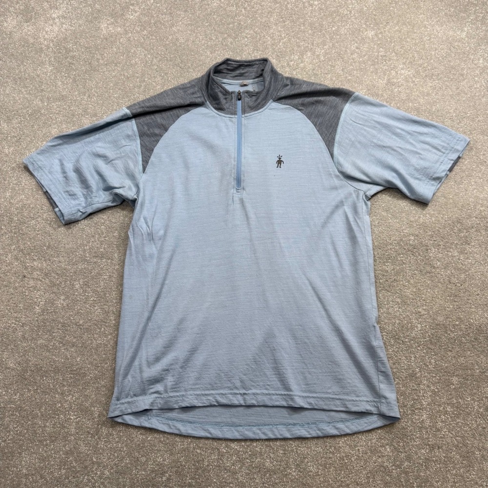 Smartwool Merino Wool Base Layer Quarter Zip Short Sleeve Shirt Blue Grey Mens M